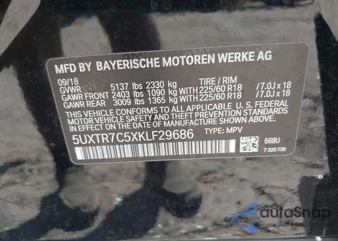 2019 BMW X3 Sdrive30I from USA, damaged, VIN 5UXTR7C5XKLF29686